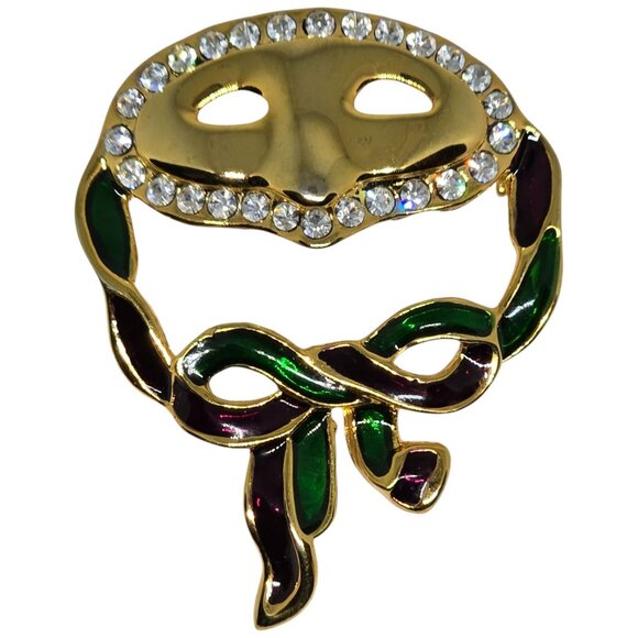 Unbranded Jewelry - Mardi Gras Enamel Mask Brooch Pin Gold Tone Rhinestone Carnivale Masquerade